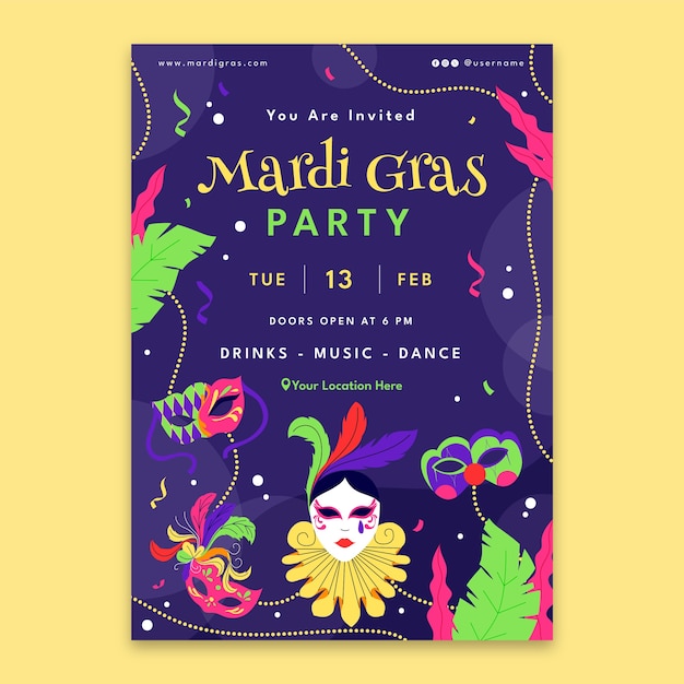 Vector gratuito plantilla de invitación para la celebración del carnaval de mardi gras