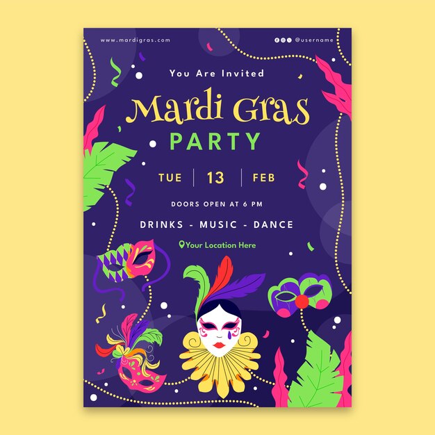 Plantilla de invitación para la celebración del carnaval de Mardi Gras