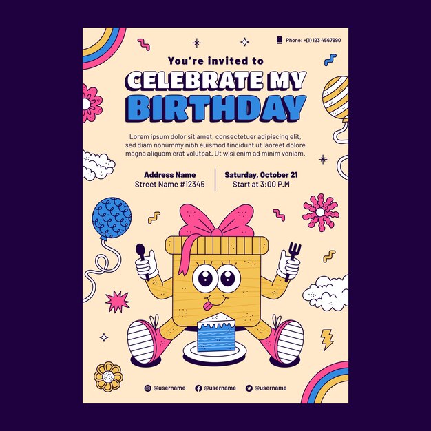 Plantilla de invitación de celebración de cumpleaños dibujada a mano