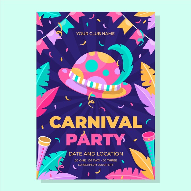 Plantilla de invitación de celebración de fiesta de carnaval plana