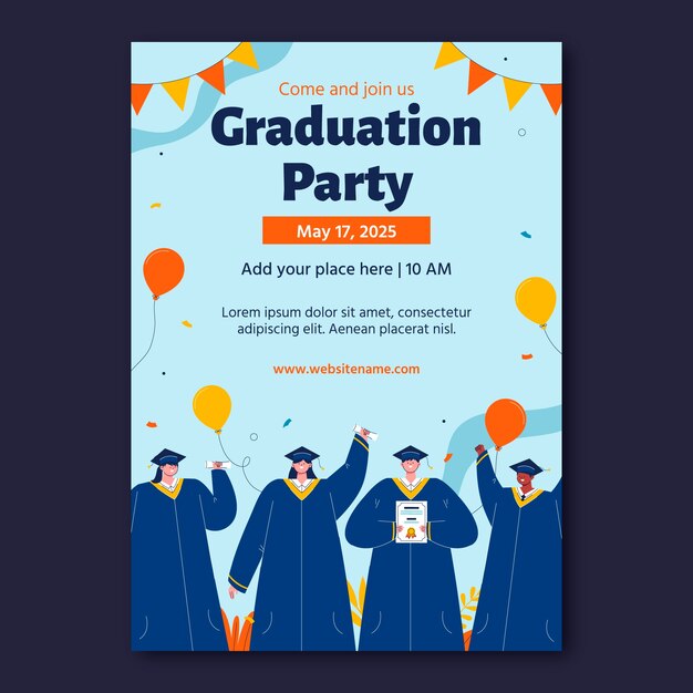 Plantilla de invitación de celebración de graduación de diseño plano
