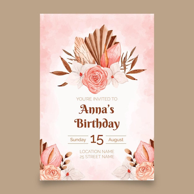 Vector gratuito plantilla de invitación de cumpleaños de acuarela boho