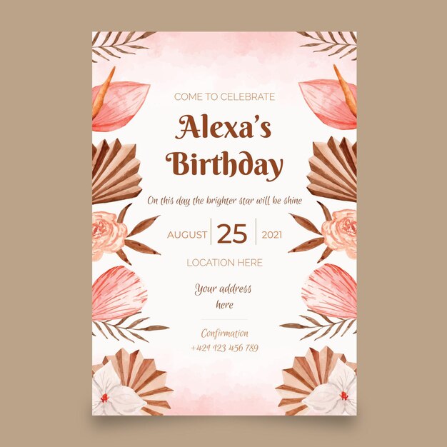 Plantilla de invitación de cumpleaños de acuarela boho