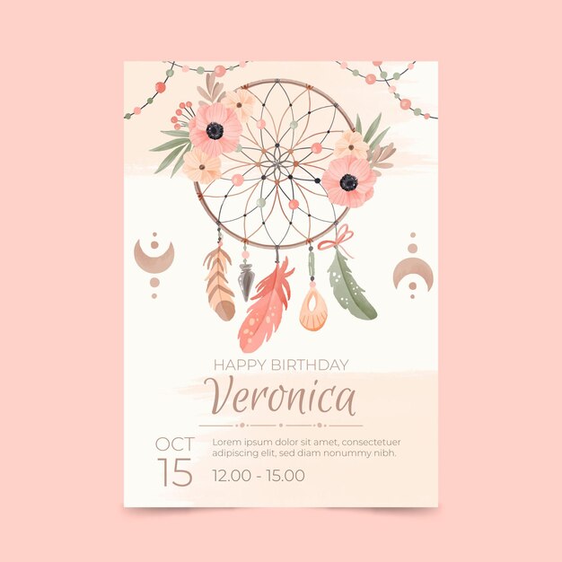 Plantilla de invitación de cumpleaños de acuarela boho