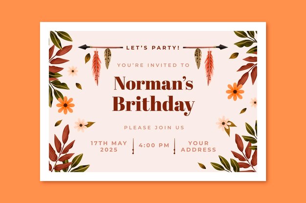 Plantilla de invitación de cumpleaños de acuarela boho