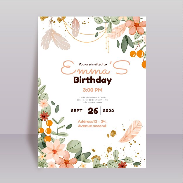 Plantilla de invitación de cumpleaños de acuarela boho