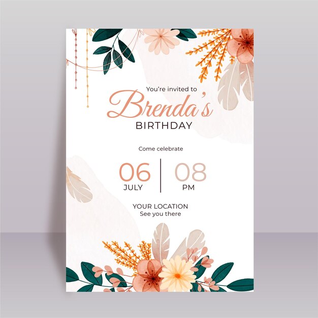 Plantilla de invitación de cumpleaños de acuarela boho