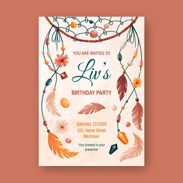 Plantilla de invitación de cumpleaños de acuarela boho