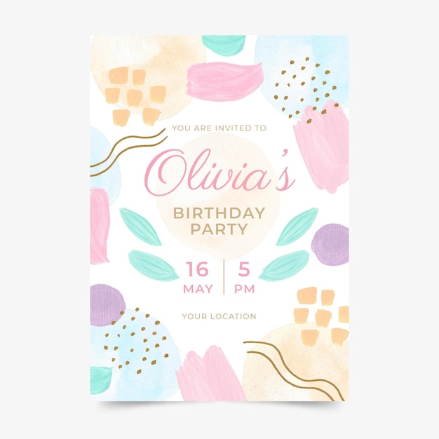 Plantilla de invitación de cumpleaños de acuarela pintada a mano