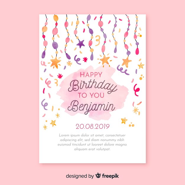 Plantilla de invitación de cumpleaños en acuarela