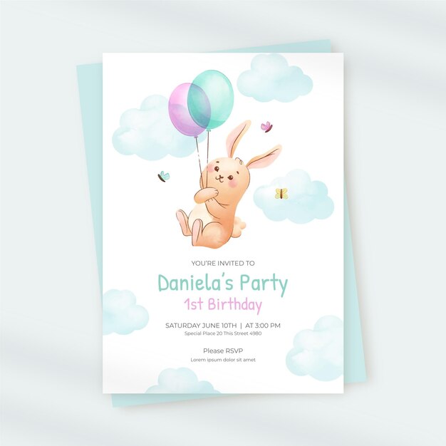 Plantilla de invitación de cumpleaños de animales de acuarela pintada a mano