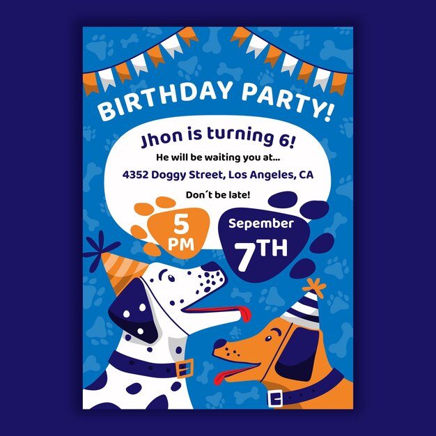 Plantilla de invitación de cumpleaños de animales dibujados a mano