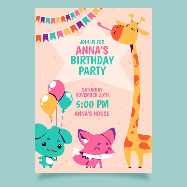 Plantilla de invitación de cumpleaños de animales dibujados a mano