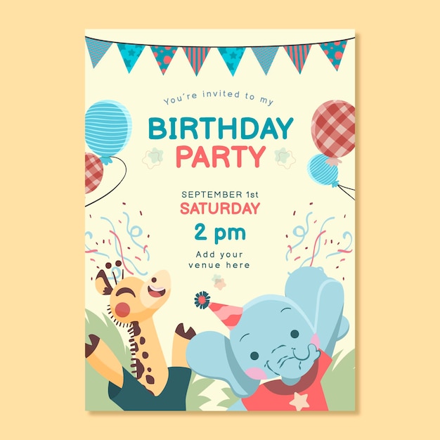 Plantilla de invitación de cumpleaños de animales de dibujos animados