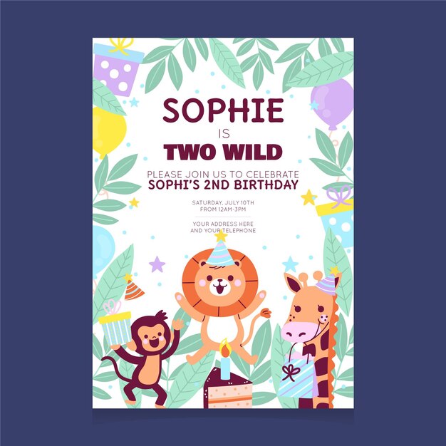 Plantilla de invitación de cumpleaños de animales de dibujos animados