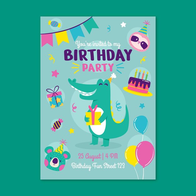 Plantilla de invitación de cumpleaños de animales planos