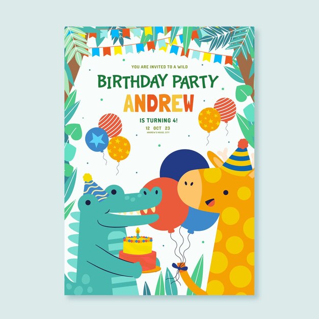 Plantilla de invitación de cumpleaños de animales planos