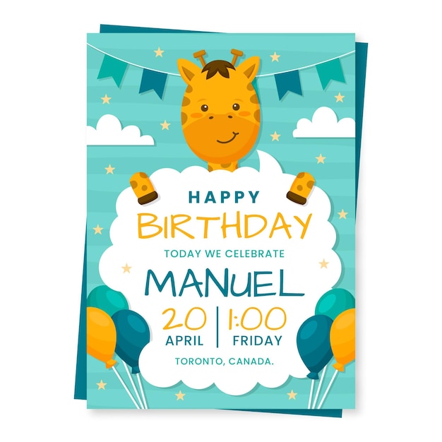 Vector gratuito plantilla de invitación de cumpleaños de animales planos