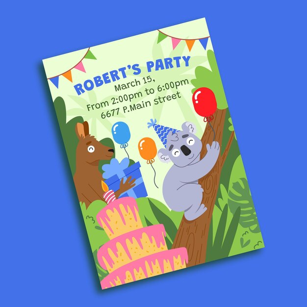 Plantilla de invitación de cumpleaños de animales planos