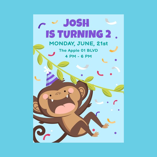 Plantilla de invitación de cumpleaños de animales planos