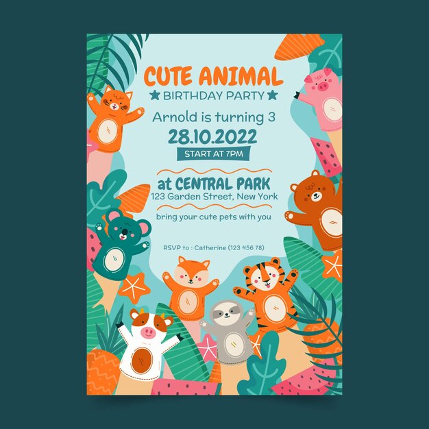 Plantilla de invitación de cumpleaños de animales