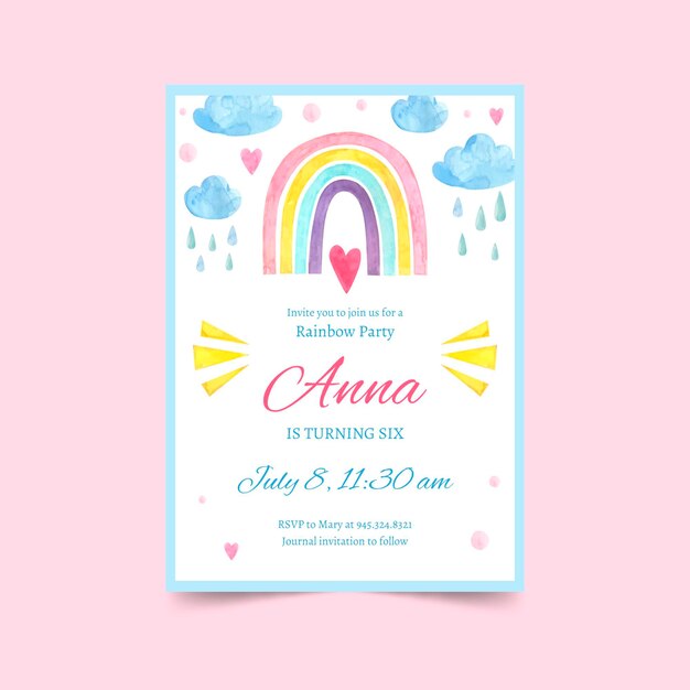 Plantilla de invitación de cumpleaños de arco iris de acuarela pintada a mano