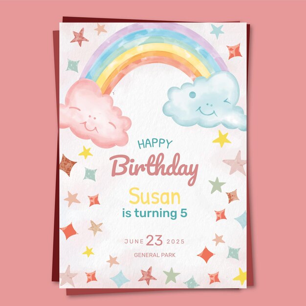 Plantilla de invitación de cumpleaños de arco iris de acuarela pintada a mano