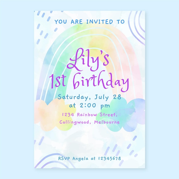 Vector gratuito plantilla de invitación de cumpleaños de arco iris de acuarela pintada a mano