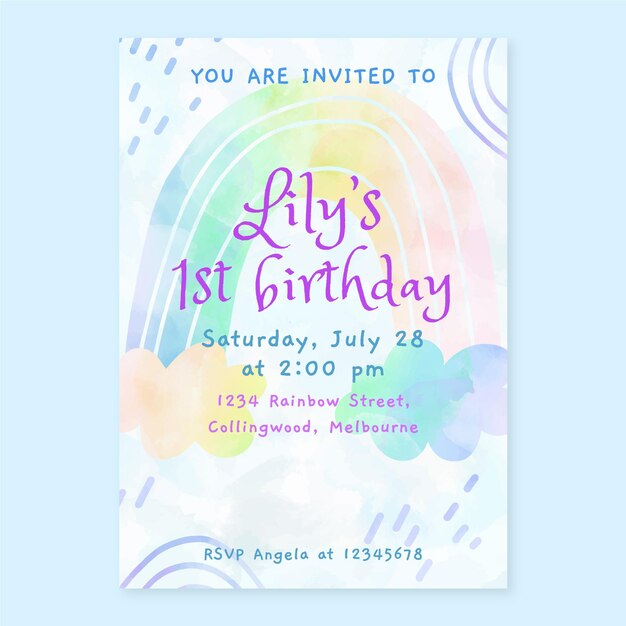 Plantilla de invitación de cumpleaños de arco iris de acuarela pintada a mano