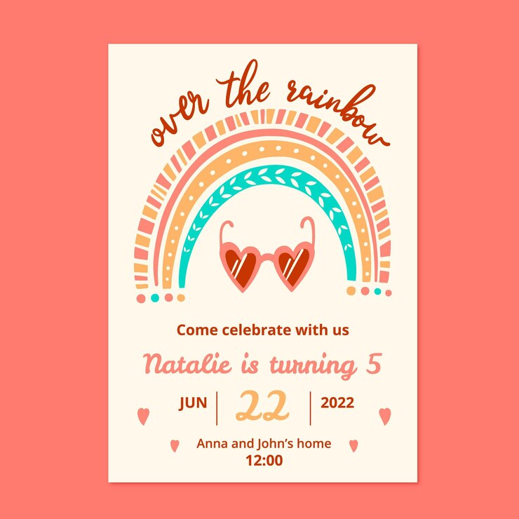 Vector gratuito plantilla de invitación de cumpleaños de arco iris dibujado a mano