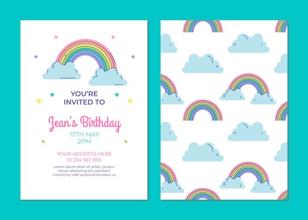 Plantilla de invitación de cumpleaños de arco iris dibujado a mano