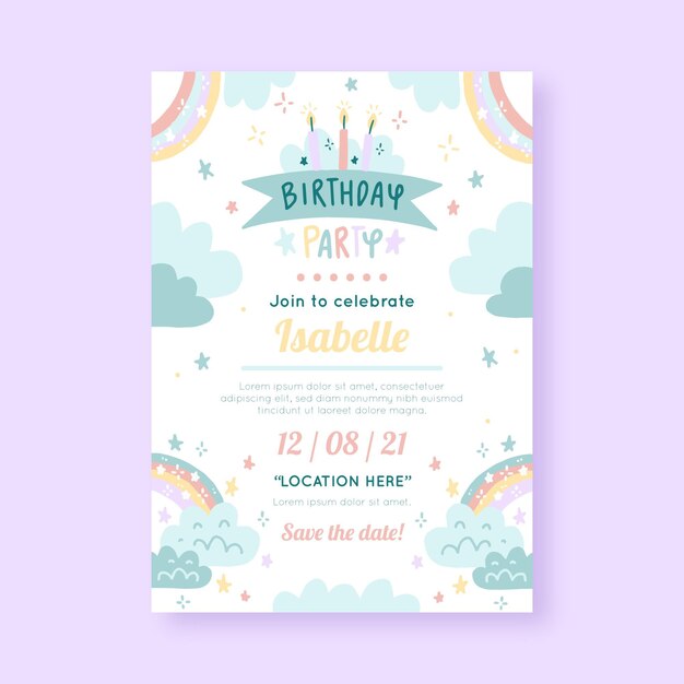 Plantilla de invitación de cumpleaños de arco iris dibujado a mano