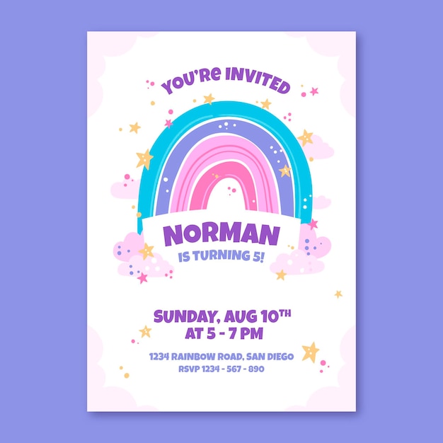 Vector gratuito plantilla de invitación de cumpleaños de arco iris dibujado a mano
