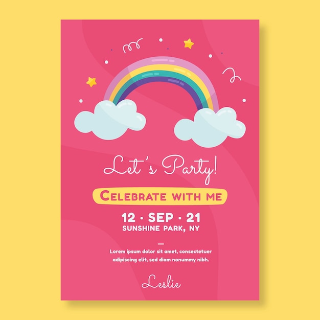 Plantilla de invitación de cumpleaños de arco iris de dibujos animados