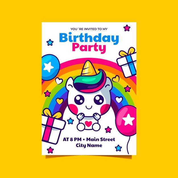 Vector gratuito plantilla de invitación de cumpleaños de arco iris de dibujos animados