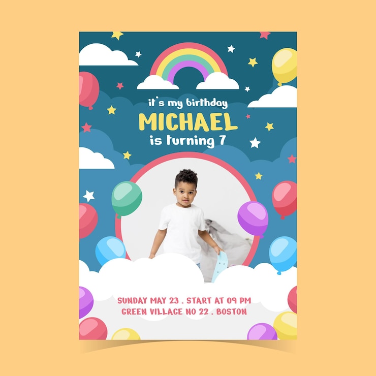 Vector gratuito plantilla de invitación de cumpleaños de arco iris plano con foto