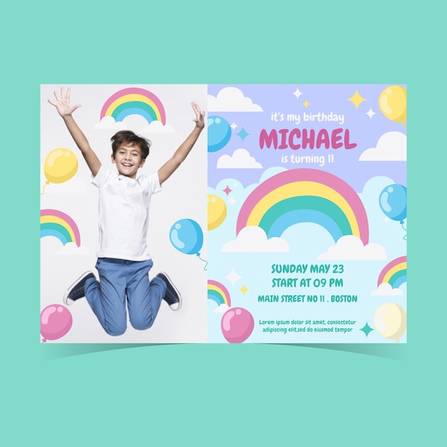 Plantilla de invitación de cumpleaños de arco iris plano con foto