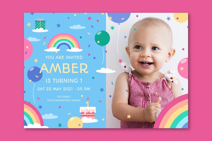 Vector gratuito plantilla de invitación de cumpleaños de arco iris plano con foto