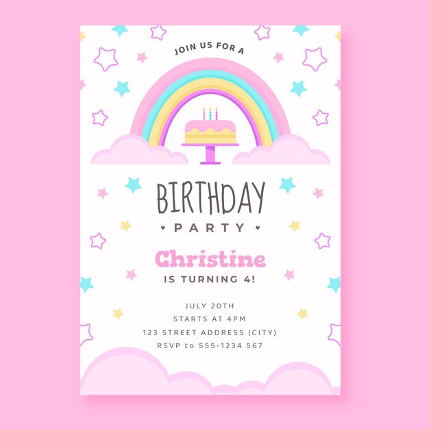 Plantilla de invitación de cumpleaños de arco iris plano