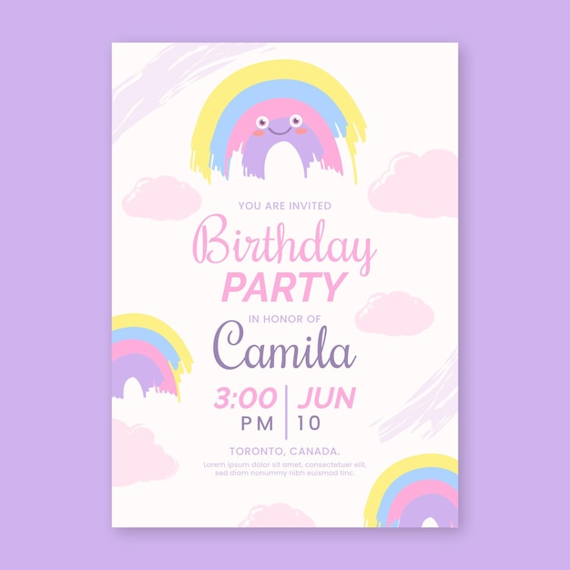 Plantilla de invitación de cumpleaños de arco iris plano
