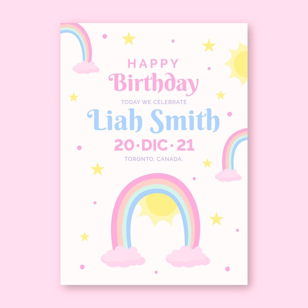 Plantilla de invitación de cumpleaños de arco iris plano