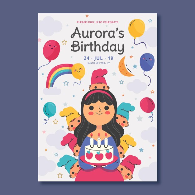 Plantilla de invitación de cumpleaños blanca nieves dibujada a mano