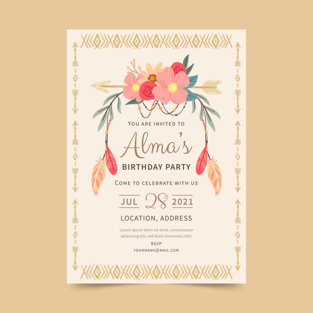 Plantilla de invitación de cumpleaños boho dibujada a mano