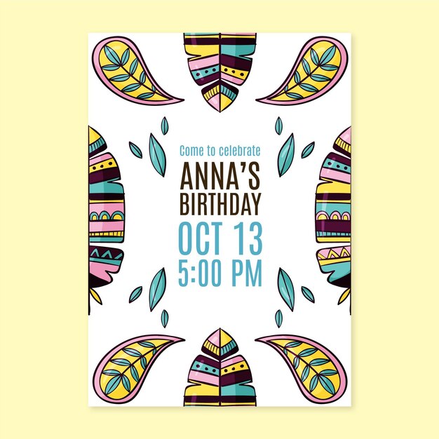 Plantilla de invitación de cumpleaños boho dibujada a mano