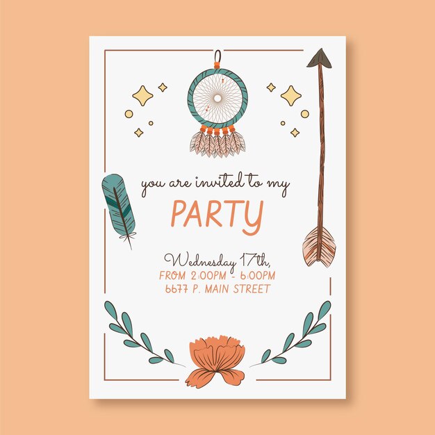 Plantilla de invitación de cumpleaños boho dibujada a mano