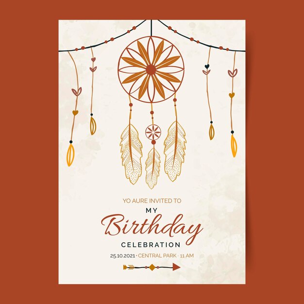 Plantilla de invitación de cumpleaños boho dibujada a mano
