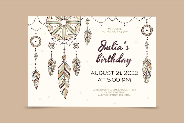 Plantilla de invitación de cumpleaños boho dibujada a mano