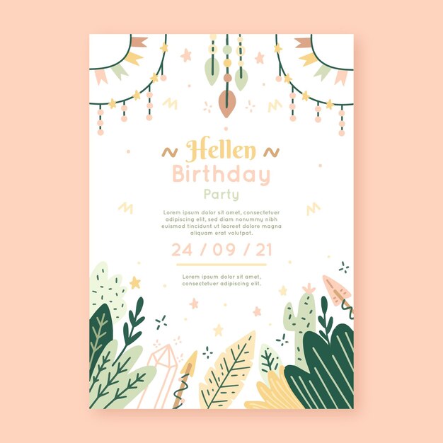 Plantilla de invitación de cumpleaños boho dibujada a mano