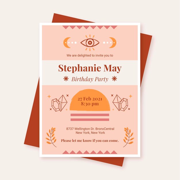 Plantilla de invitación de cumpleaños boho dibujada a mano