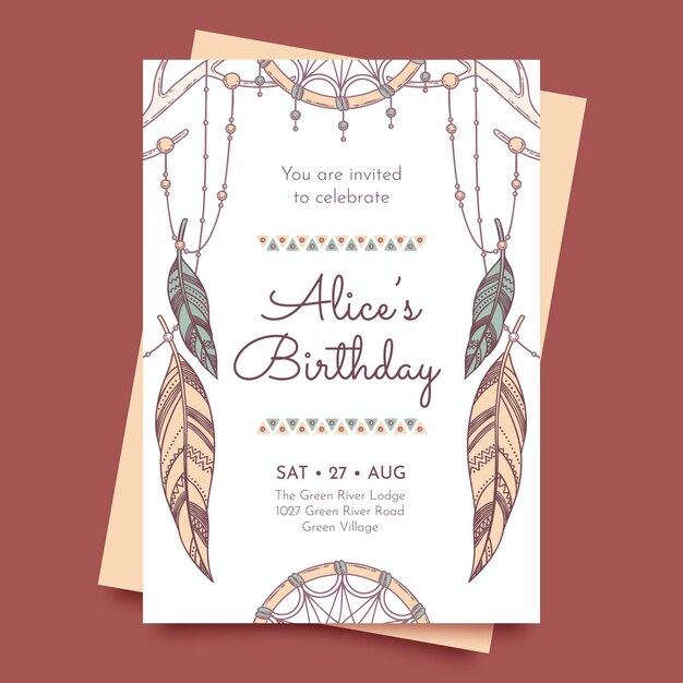 Plantilla de invitación de cumpleaños boho dibujada a mano